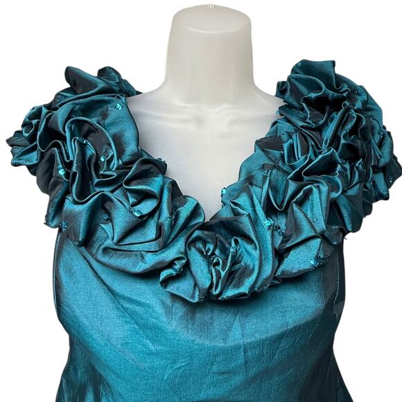 Daymor Couture Size 10 Ruffle Teal Metallic Gown Off The Shoulder Long Formal - Picture 3 of 10
